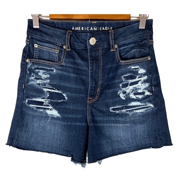 American Eagle Curvy Hi-Rise Shortie Denim Shorts Size 8 Dark Indigo Distressed - Picture 2 of 8